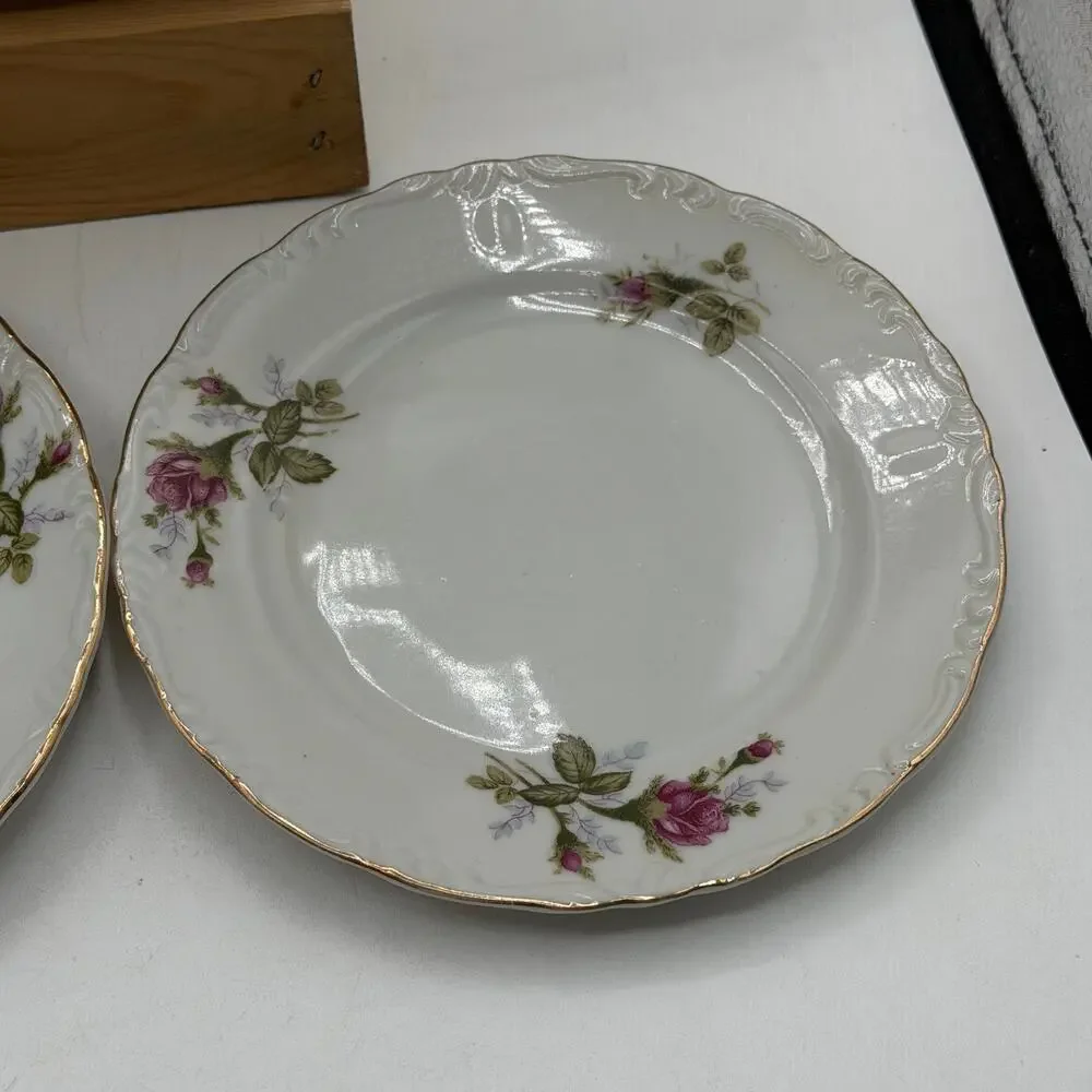 Vintage Pink Rose Porcelain Saucer / Dessert Plates with Gold Trim – Set of 5